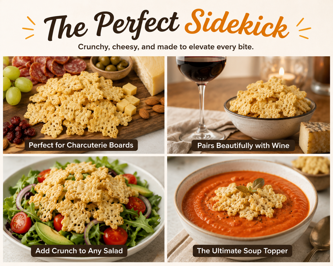 El Cheese crisps shown on a charcuterie board, paired with wine, on a salad, and topping a bowl of tomato soup